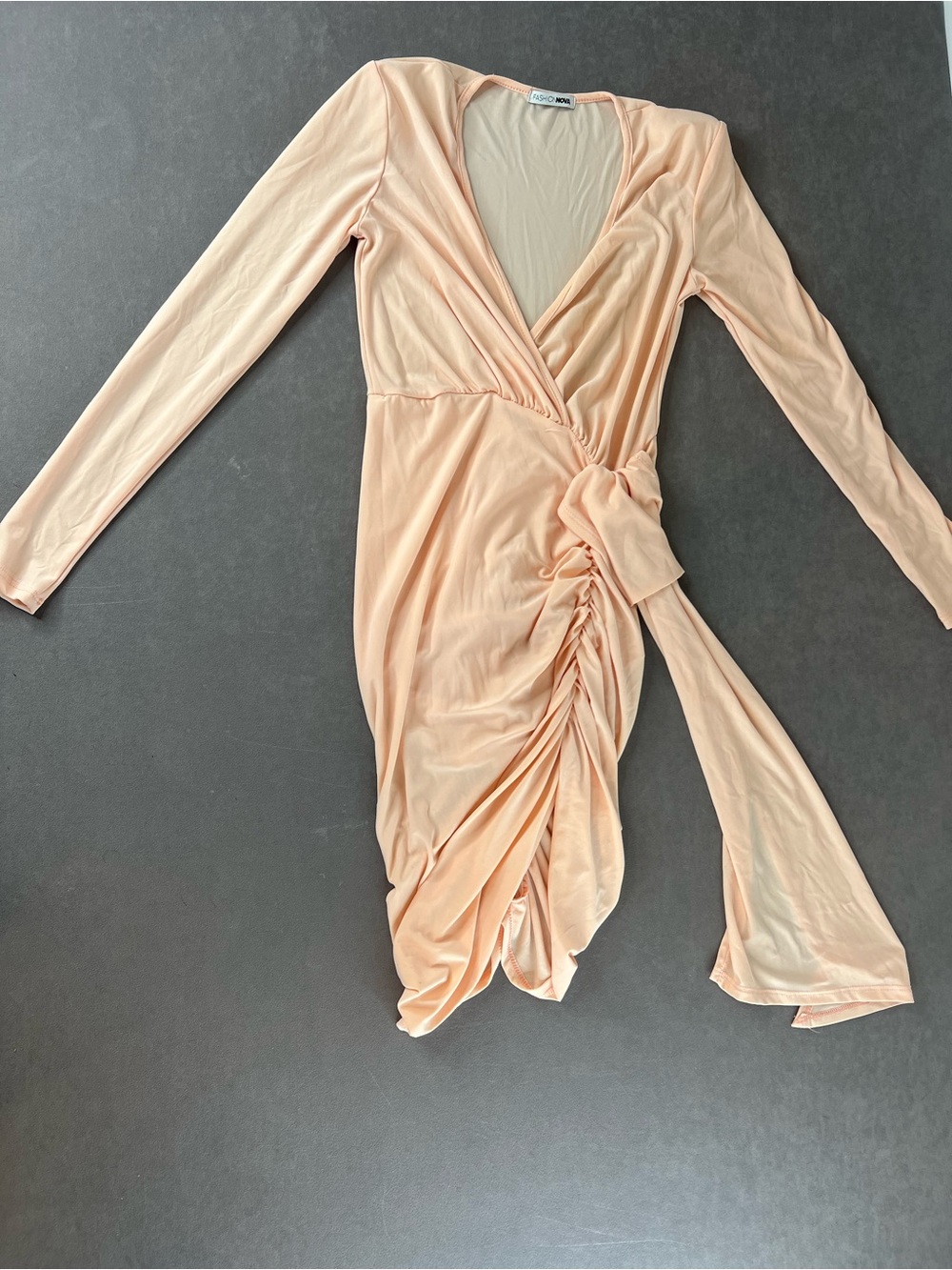 Fashion Nova Peach Long Sleeve Wrap Dress with Side Ruching